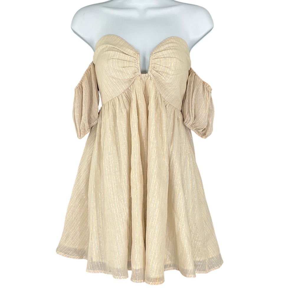 LOVERS + FRIENDS Beige Stripe Off Shoulder Sweetheart Neckline Mini Dress XS